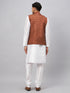 Men's Coffee Matka Silk Nehru Jacket With White Silk Blend Kurta Pyjama Set