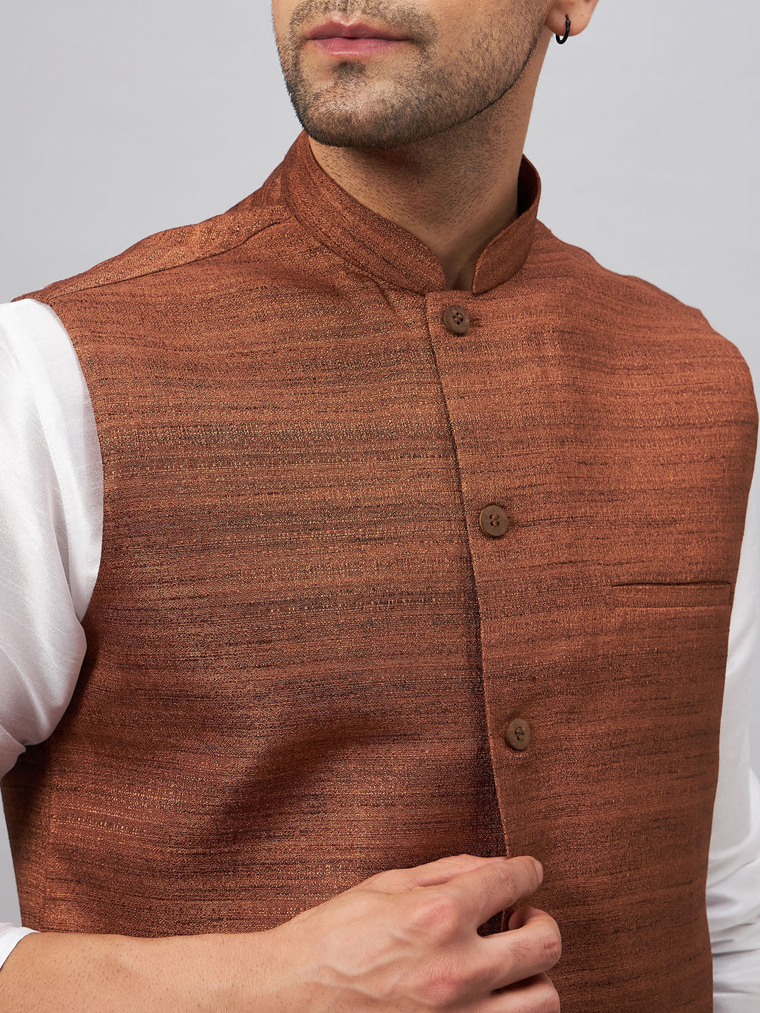 Men's Coffee Matka Silk Nehru Jacket With White Silk Blend Kurta Pyjama Set