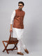 Men's Coffee Matka Silk Nehru Jacket With White Silk Blend Kurta Pyjama Set