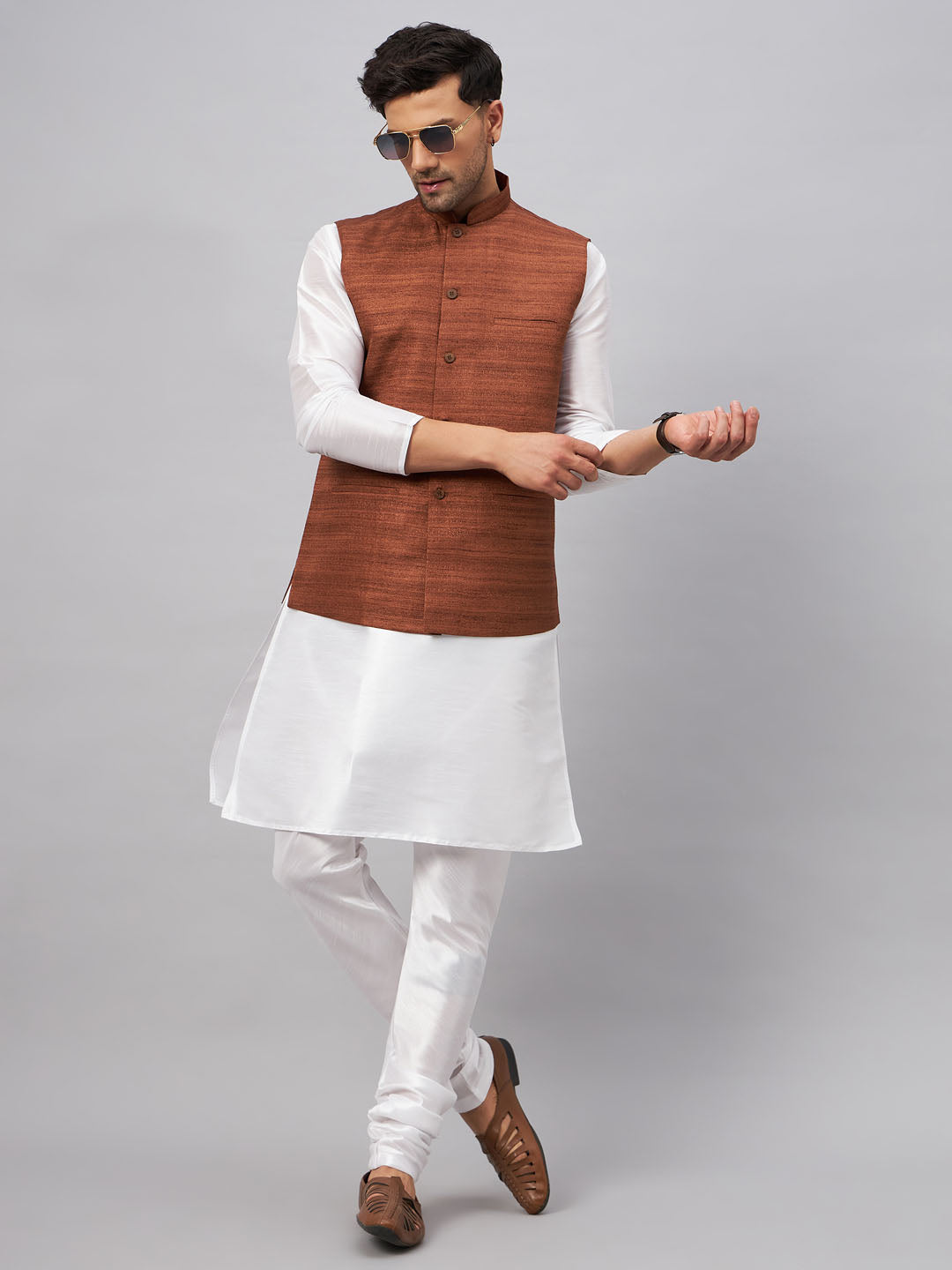 Men's Coffee Matka Silk Nehru Jacket With White Silk Blend Kurta Pyjama Set