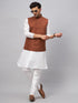 Men's Coffee Matka Silk Nehru Jacket With White Silk Blend Kurta Pyjama Set