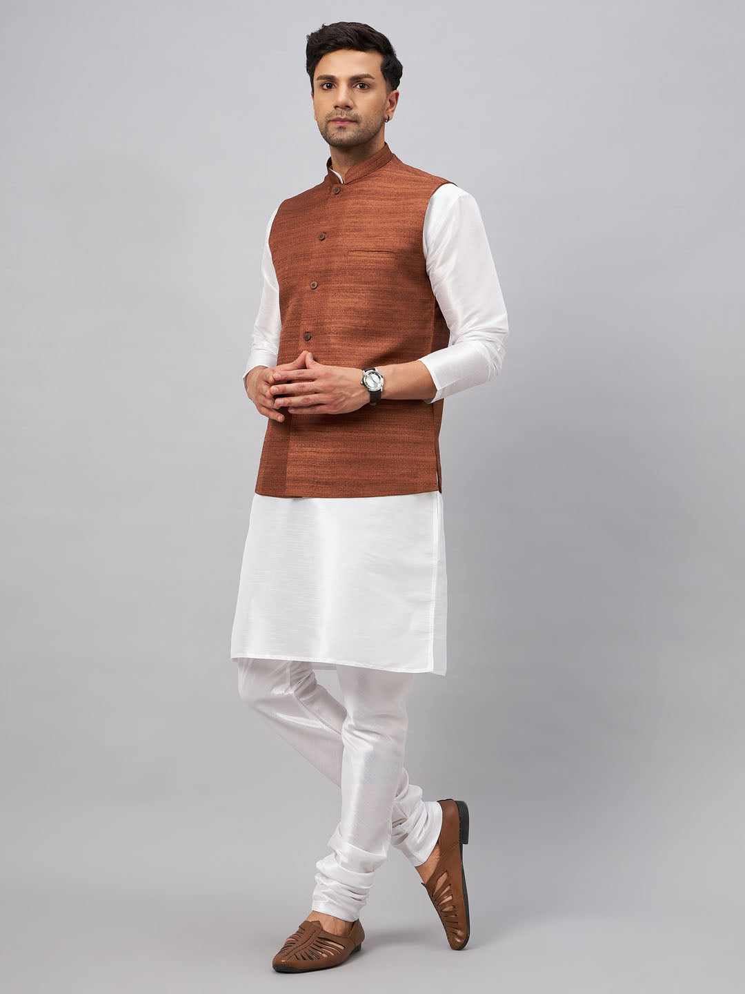 Men's Coffee Matka Silk Nehru Jacket With White Silk Blend Kurta Pyjama Set
