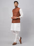 Men's Coffee Matka Silk Nehru Jacket With White Silk Blend Kurta Pyjama Set