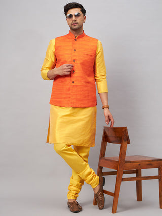 VM BY VASTRAMAY Men's Orange Jacket With Yellow Kurta And Pyjama Set
