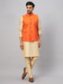 Men's Orange Matka Silk Nehru Jacket With Gold Silk Blend Kurta And Pant Style Pyjama Set