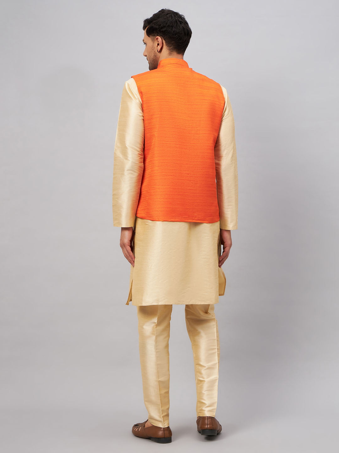Men's Orange Matka Silk Nehru Jacket With Gold Silk Blend Kurta And Pant Style Pyjama Set