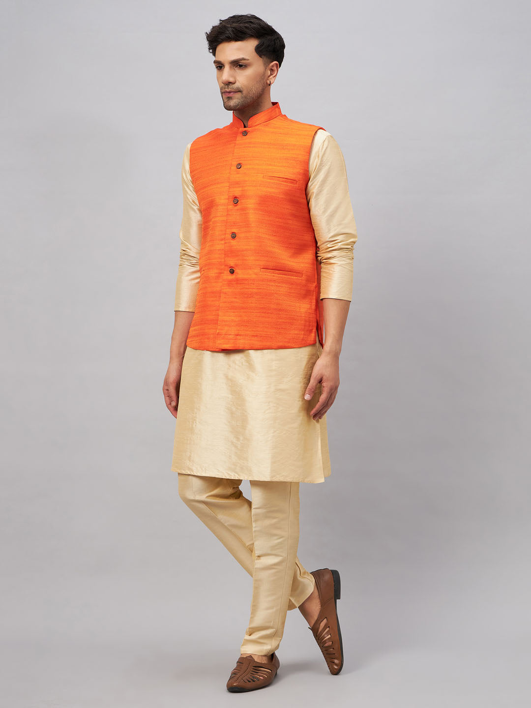 Men's Orange Matka Silk Nehru Jacket With Gold Silk Blend Kurta And Pant Style Pyjama Set