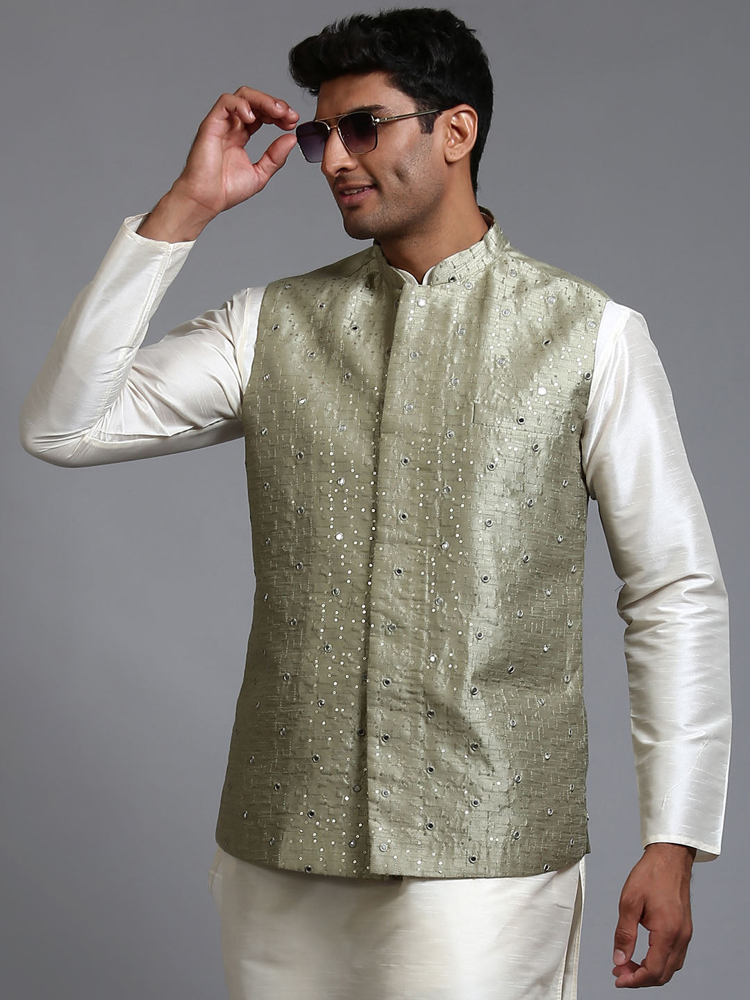 Men's Mehndi Green Embellished Jacket