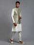 Men's Mehndi Green Embellished Jacket With Cream Kurta Pant Set