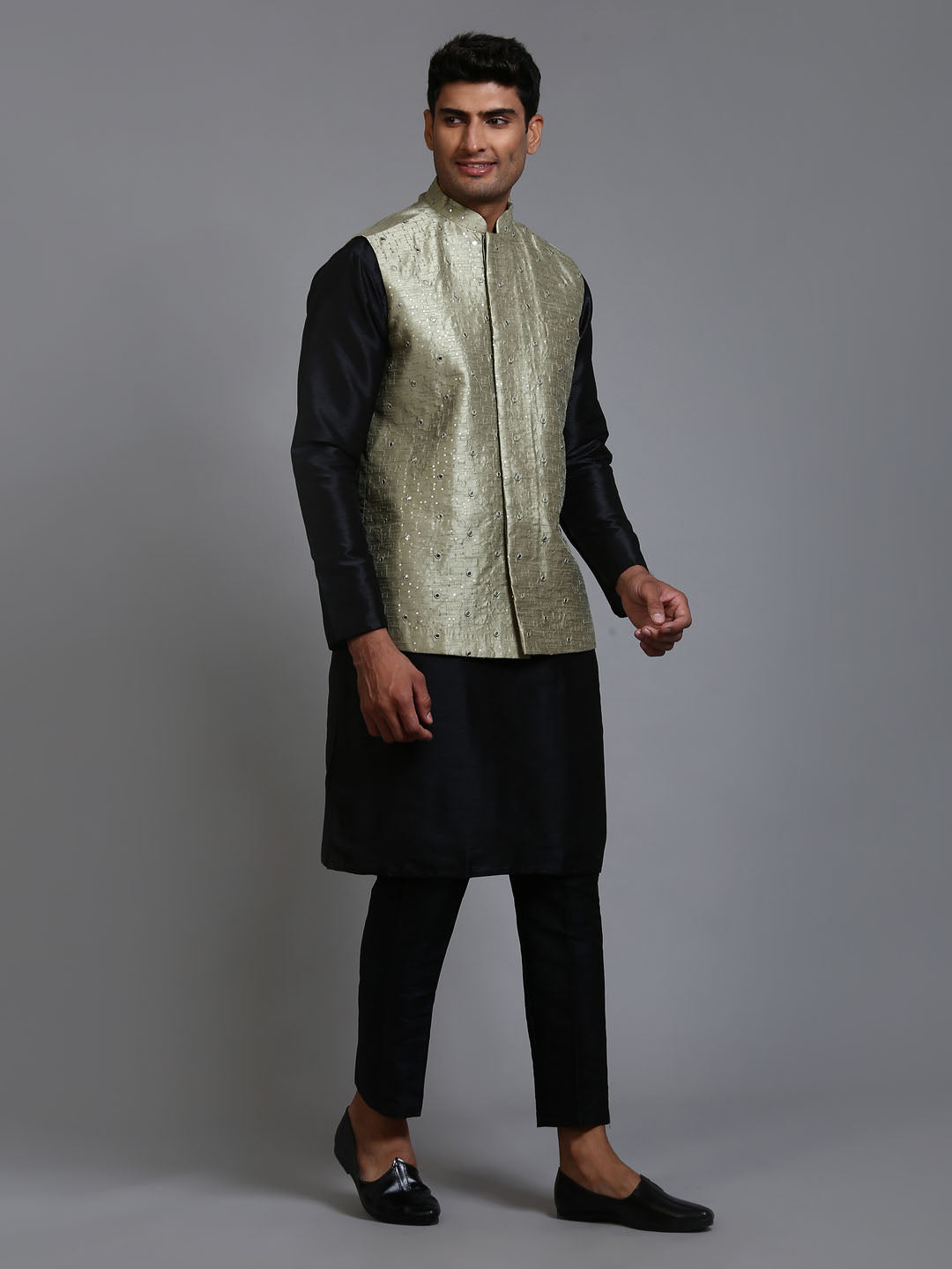 Men's Mehndi Green Embellished Jacket With Black Kurta Pant Set