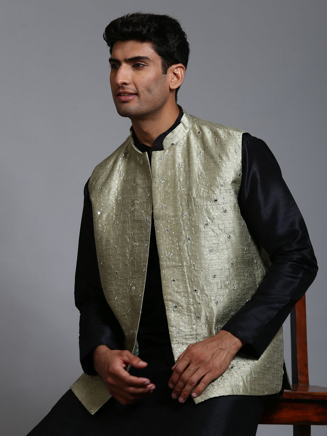 Men's Mehndi Green Embellished Jacket With Black Kurta Pant Set