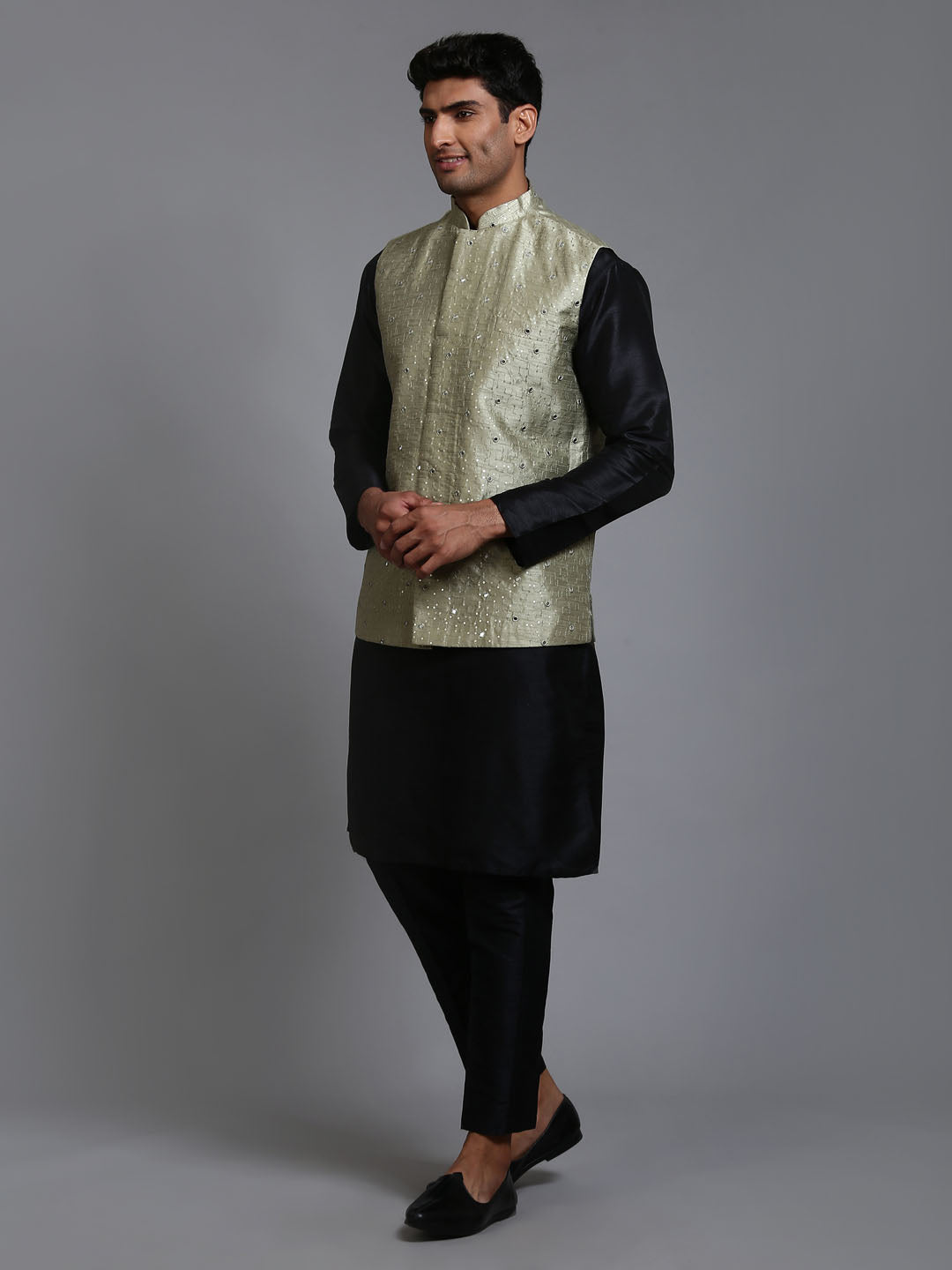 Men's Mehndi Green Embellished Jacket With Black Kurta Pant Set