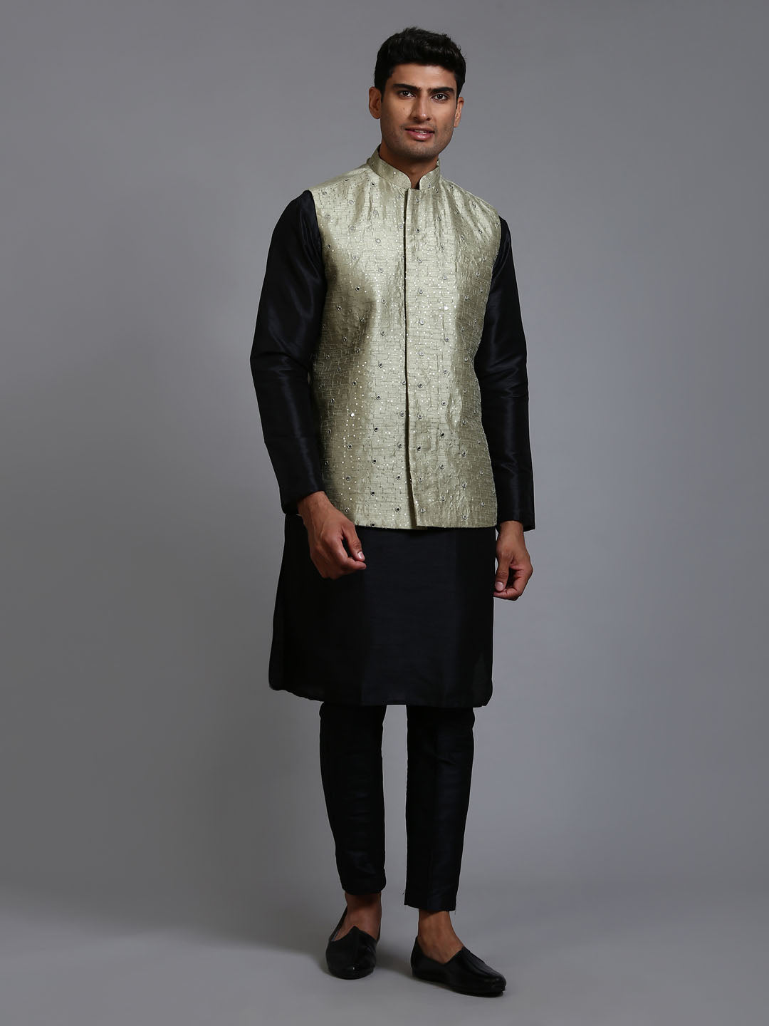 Men's Mehndi Green Embellished Jacket With Black Kurta Pant Set