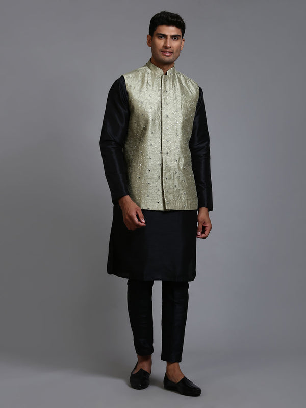 Men's Mehndi Green Embellished Jacket With Black Kurta Pant Set