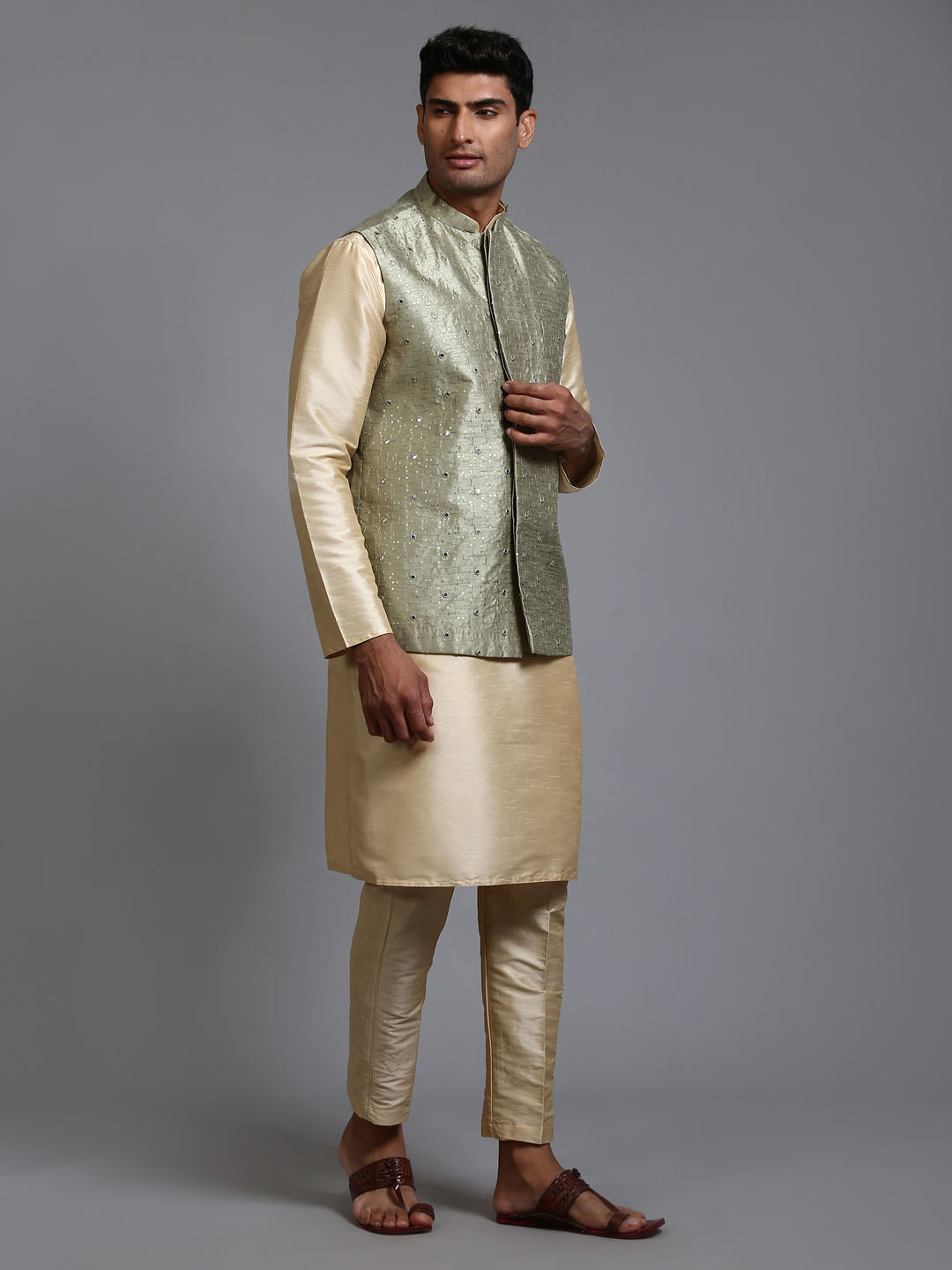 Men's Mehndi Green Embellished Jacket With Gold Kurta Pant Set
