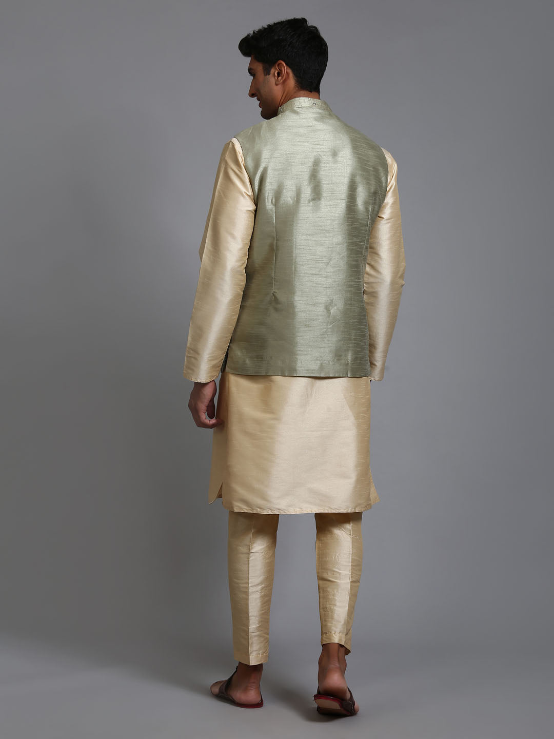 Men's Mehndi Green Embellished Jacket With Gold Kurta Pant Set