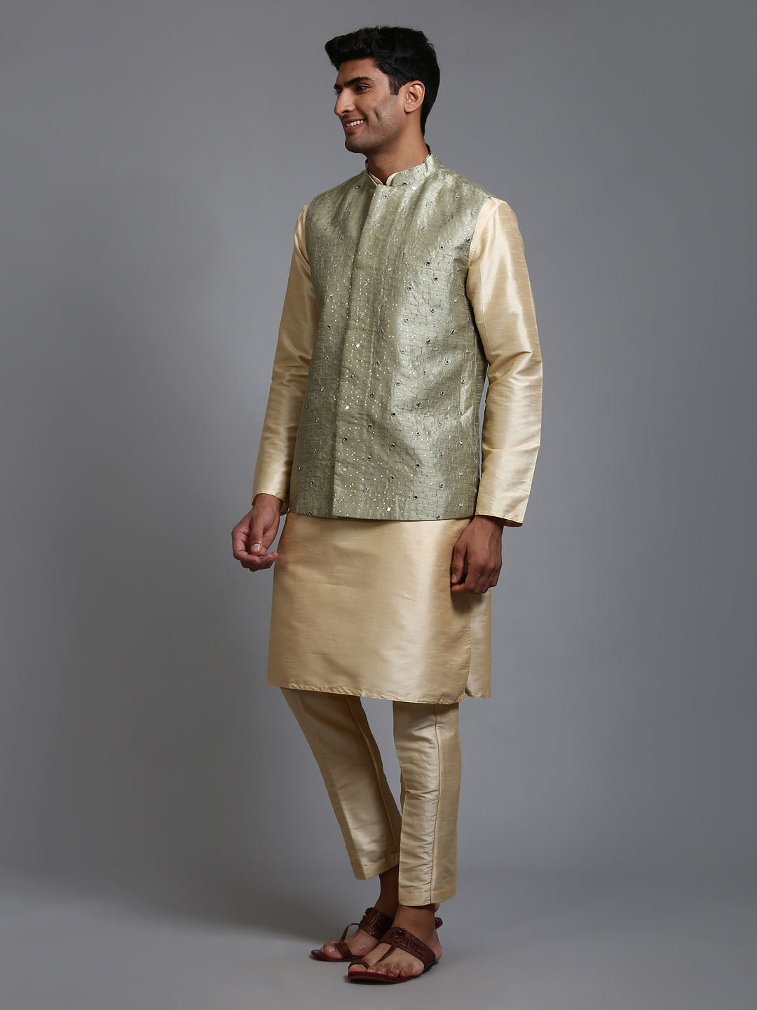 Men's Mehndi Green Embellished Jacket With Gold Kurta Pant Set