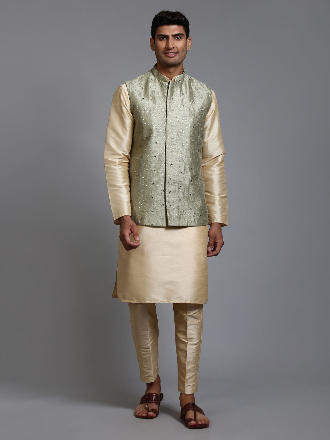 Men's Mehndi Green Embellished Jacket With Gold Kurta Pant Set