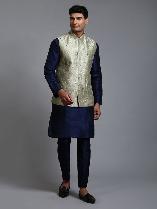 Men's Mehndi Green Embellished Jacket With Navy Blue Kurta Pant Set