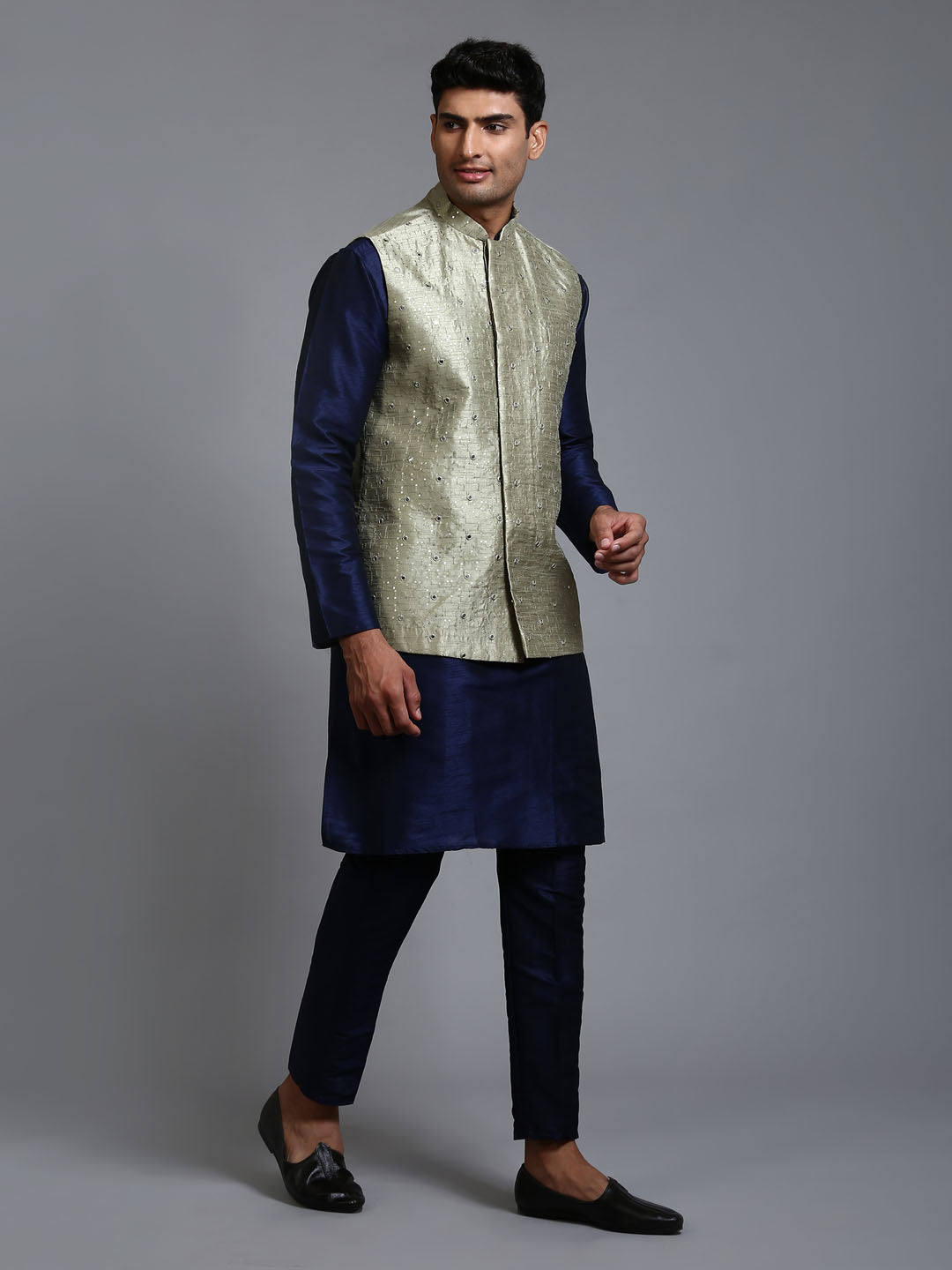 Men's Mehndi Green Embellished Jacket With Navy Blue Kurta Pant Set