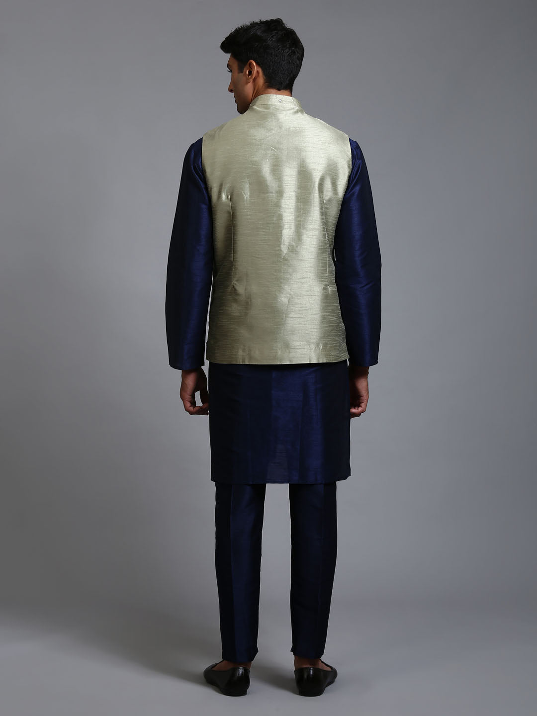 Men's Mehndi Green Embellished Jacket With Navy Blue Kurta Pant Set