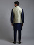 Men's Mehndi Green Embellished Jacket With Navy Blue Kurta Pant Set