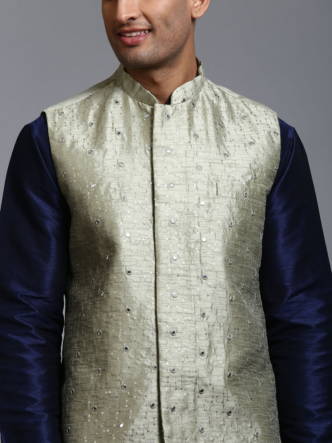 Men's Mehndi Green Embellished Jacket With Navy Blue Kurta Pant Set