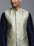 Men's Mehndi Green Embellished Jacket With Navy Blue Kurta Pant Set