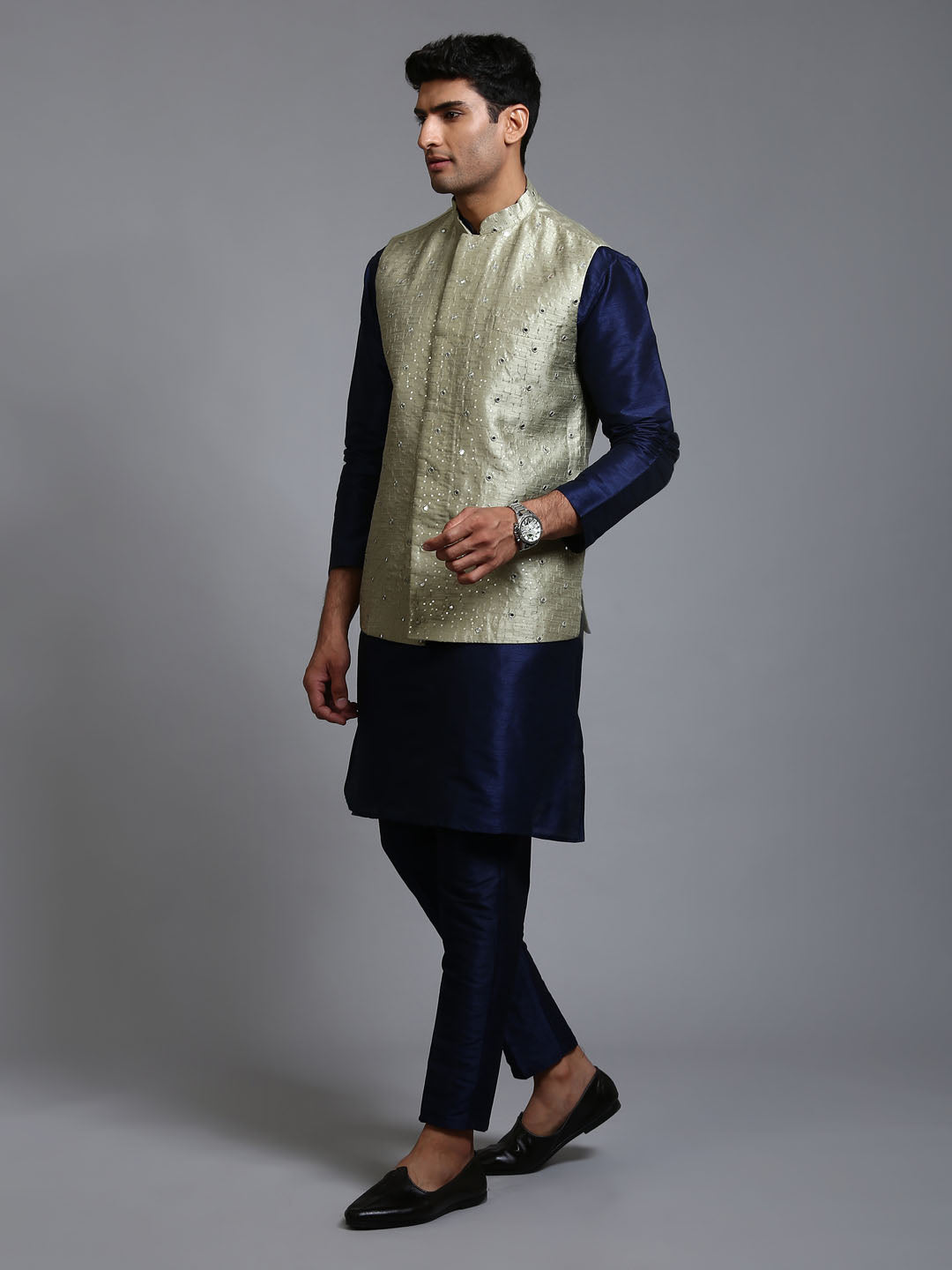 Men's Mehndi Green Embellished Jacket With Navy Blue Kurta Pant Set