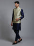 Men's Mehndi Green Embellished Jacket With Navy Blue Kurta Pant Set