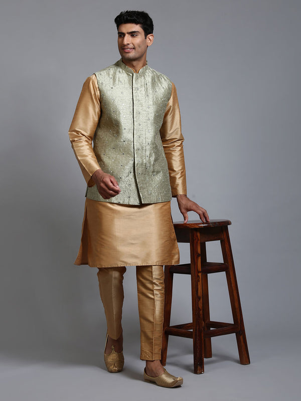 Men's Mehndi Green Embellished Jacket With Rose Gold Kurta Pant Set