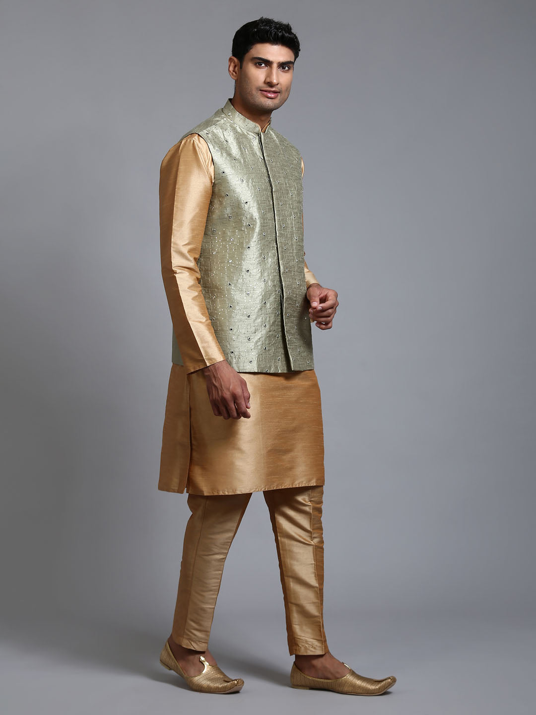 Men's Mehndi Green Embellished Jacket With Rose Gold Kurta Pant Set