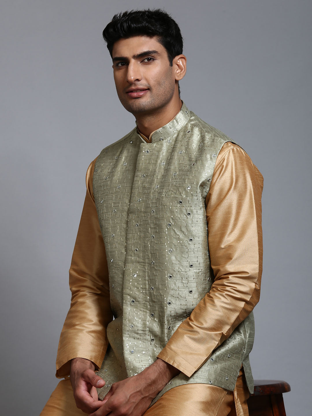 Men's Mehndi Green Embellished Jacket With Rose Gold Kurta Pant Set