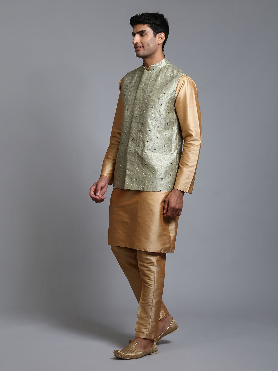 Men's Mehndi Green Embellished Jacket With Rose Gold Kurta Pant Set