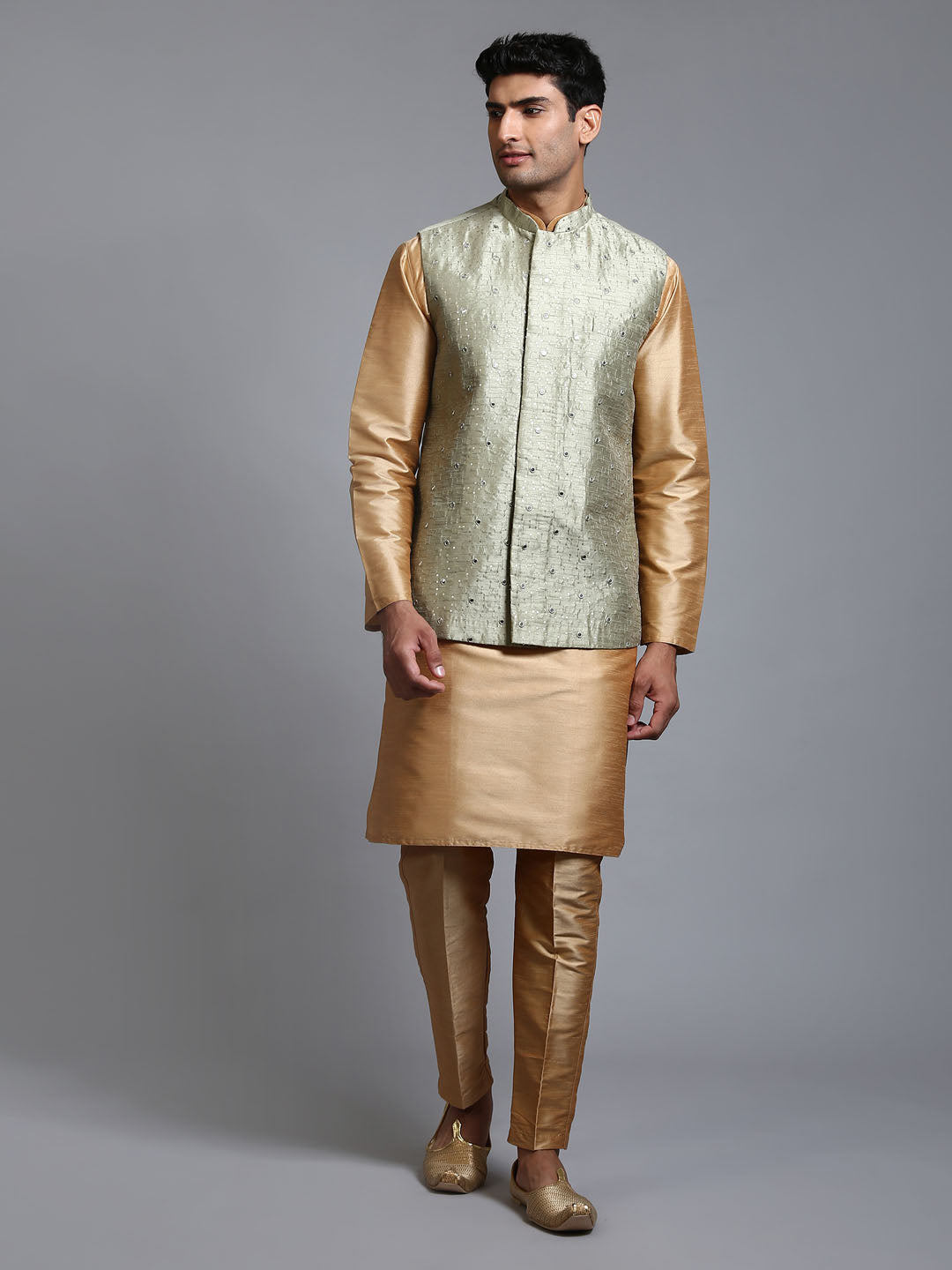 Men's Mehndi Green Embellished Jacket With Rose Gold Kurta Pant Set