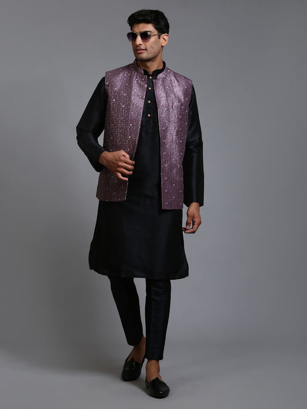 Men's Purple Embellished Jacket With Black Kurta Pant Set
