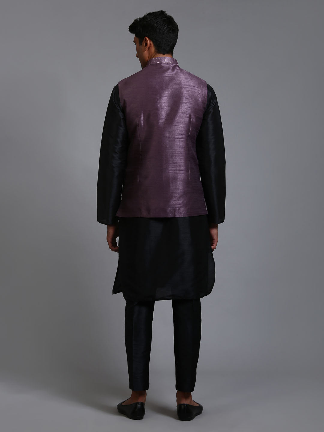Men's Purple Embellished Jacket With Black Kurta Pant Set