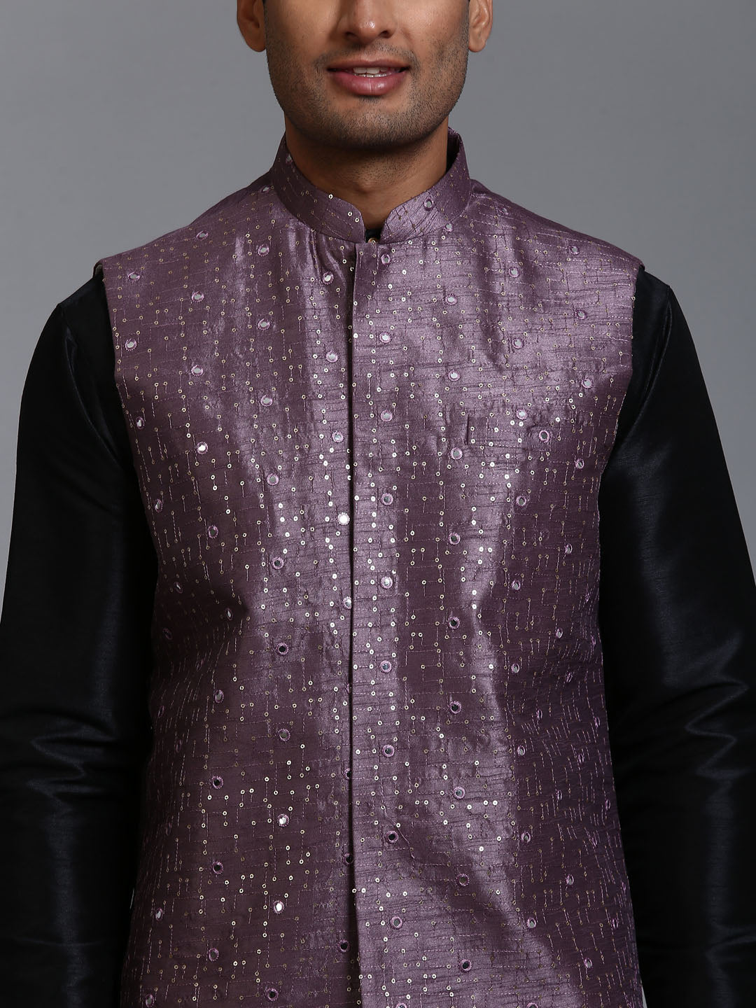 Men's Purple Embellished Jacket With Black Kurta Pant Set