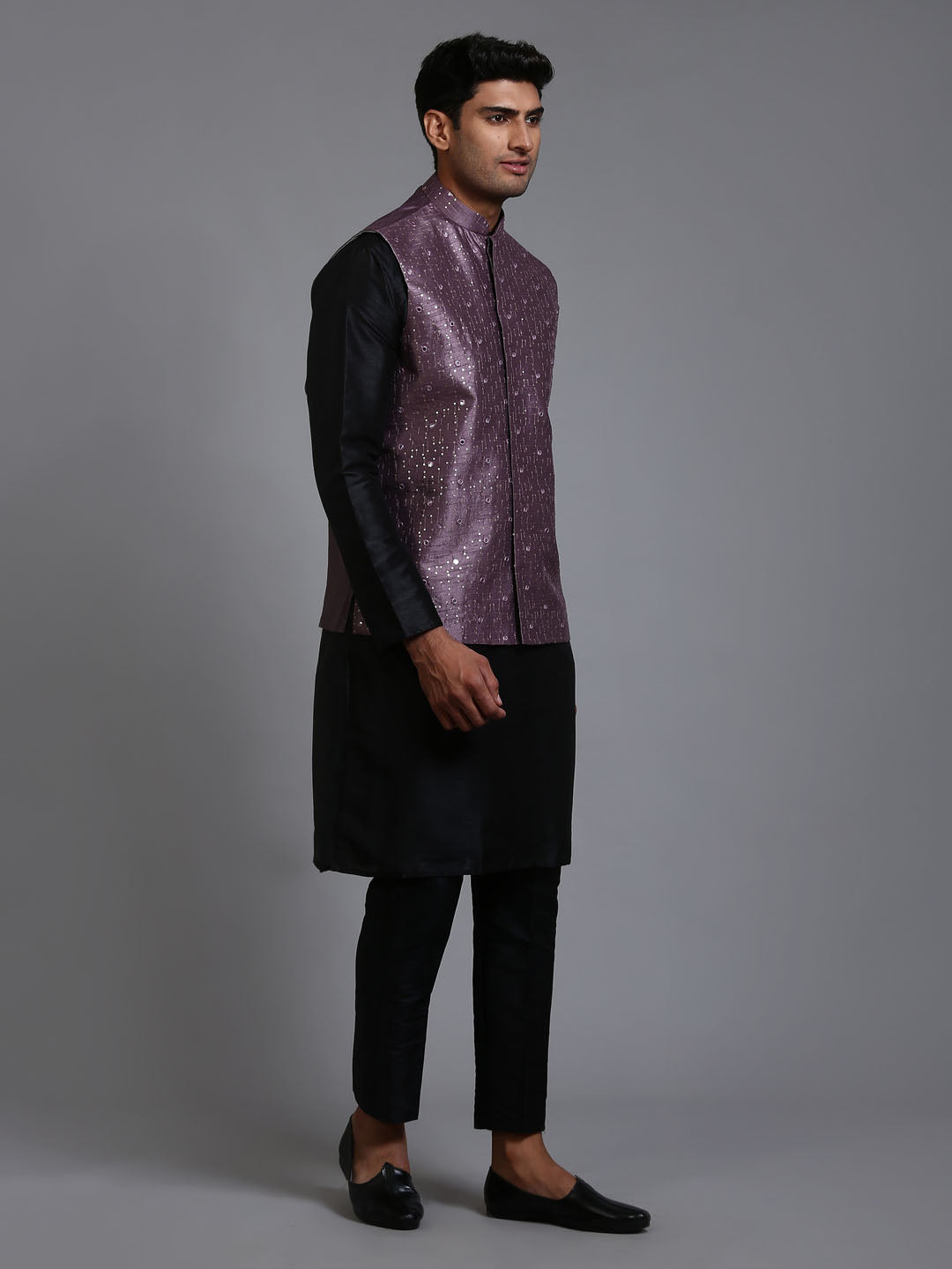 Men's Purple Embellished Jacket With Black Kurta Pant Set