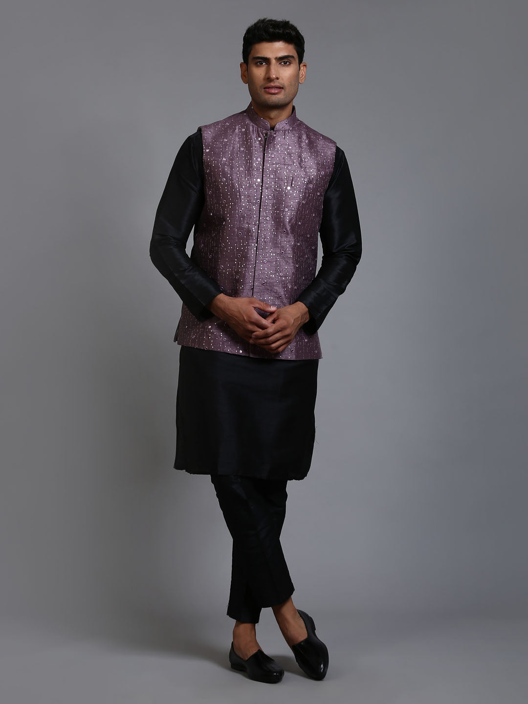 Men's Purple Embellished Jacket With Black Kurta Pant Set