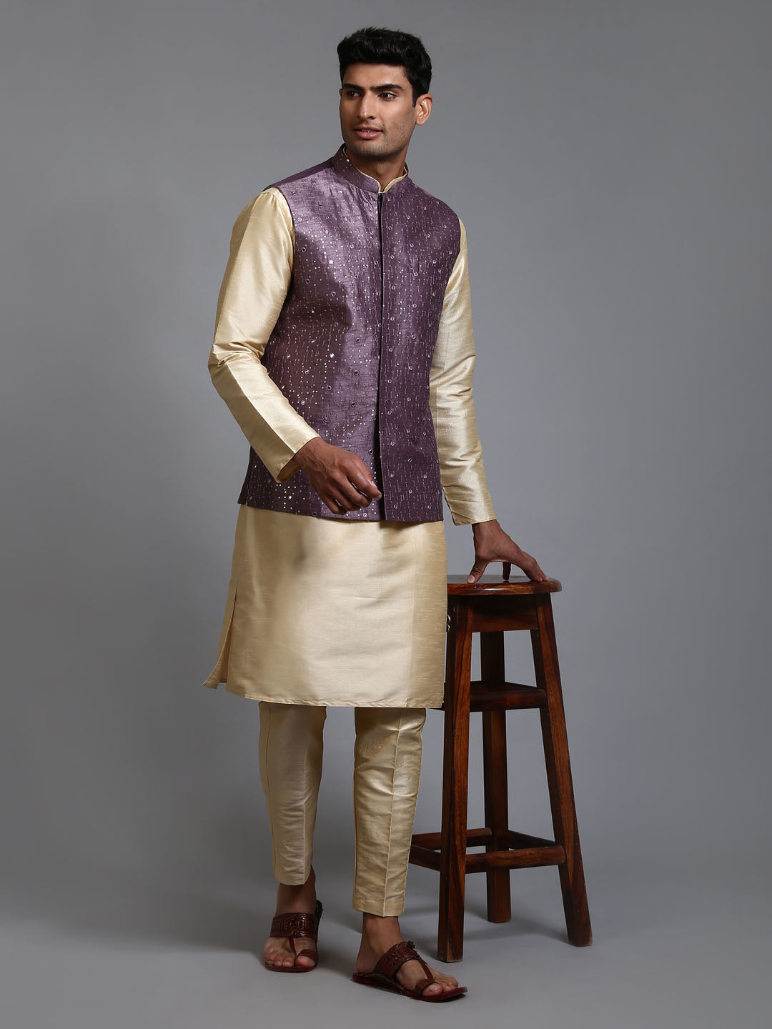 Men's Purple Embellished Jacket With Gold Kurta Pant Set