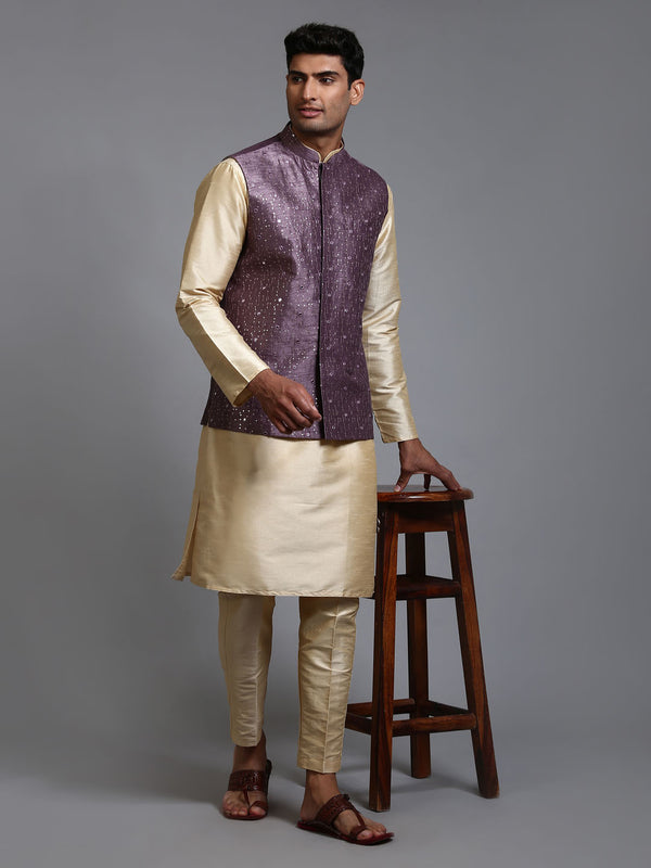 Men's Purple Embellished Jacket With Gold Kurta Pant Set