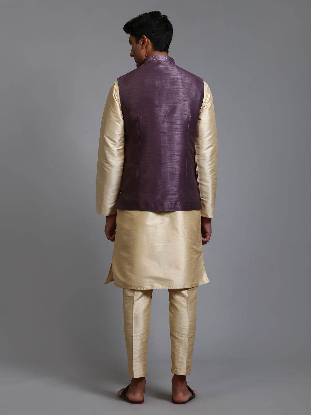 Men's Purple Embellished Jacket With Gold Kurta Pant Set