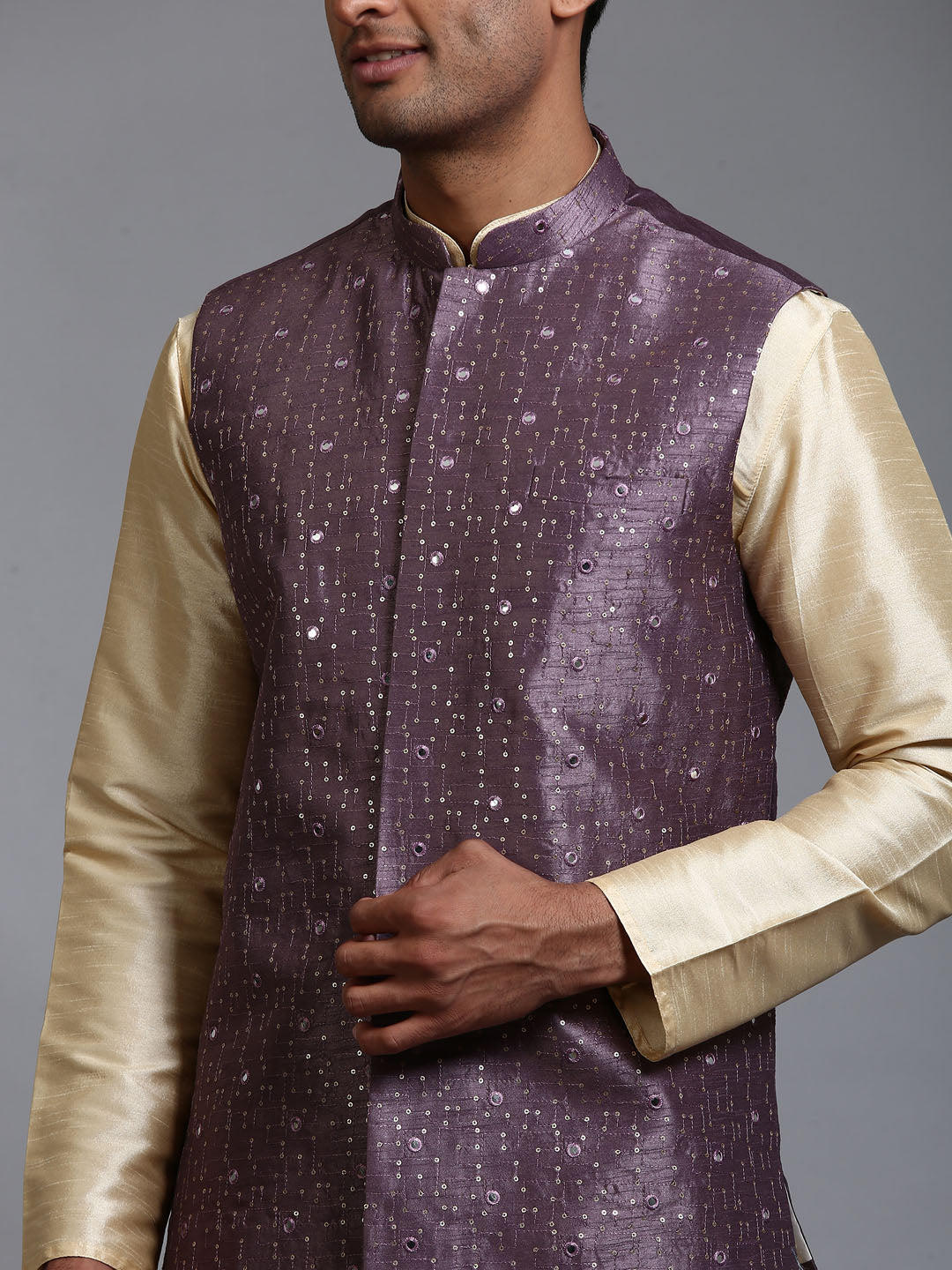 Men's Purple Embellished Jacket With Gold Kurta Pant Set