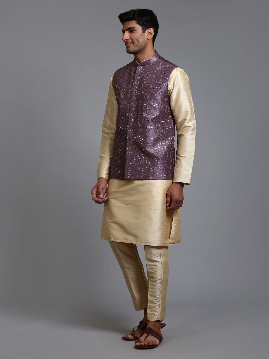 Men's Purple Embellished Jacket With Gold Kurta Pant Set