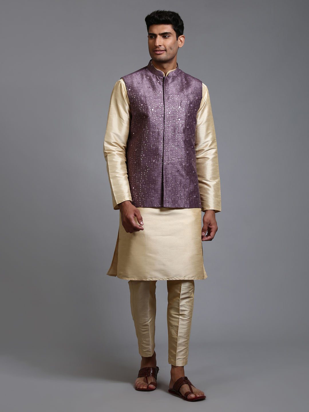 Men's Purple Embellished Jacket With Gold Kurta Pant Set