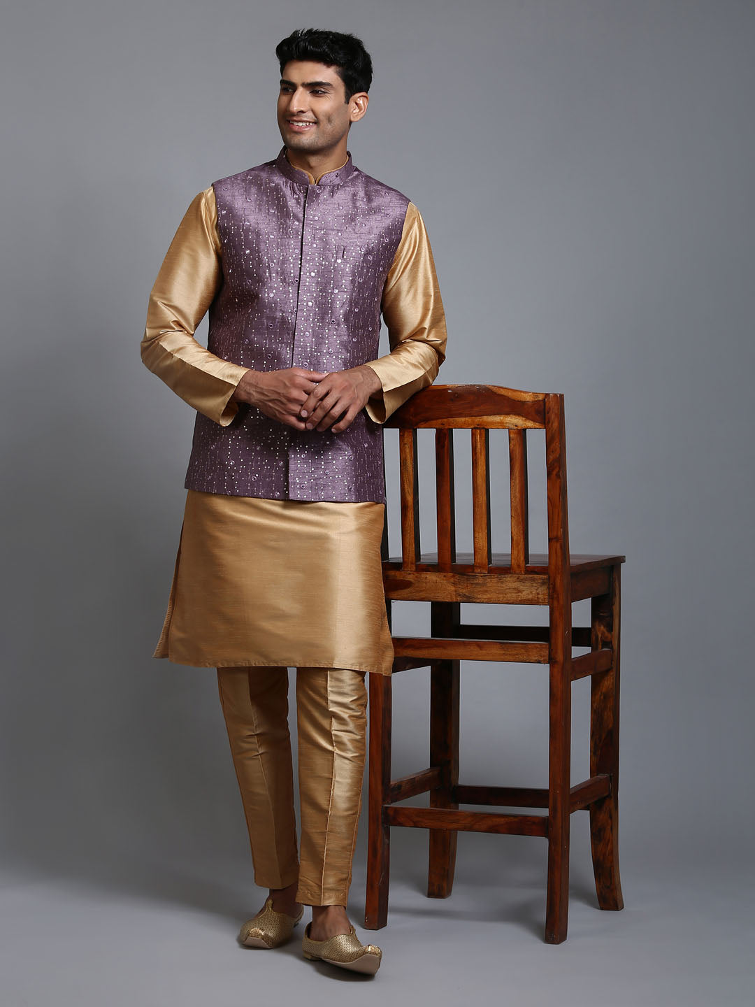 Men's Purple Embellished Jacket With Rose Gold Kurta Pant Set