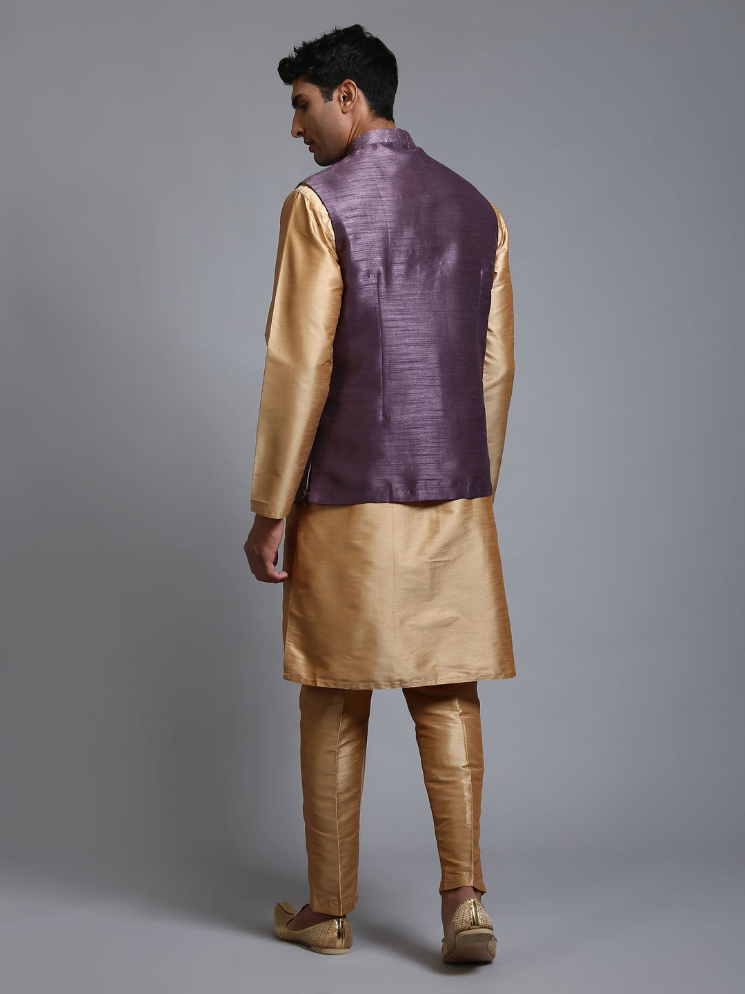Men's Purple Embellished Jacket With Rose Gold Kurta Pant Set
