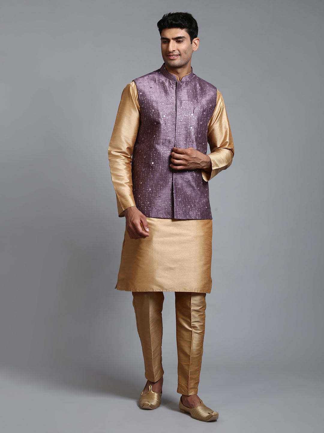 Men's Purple Embellished Jacket With Rose Gold Kurta Pant Set