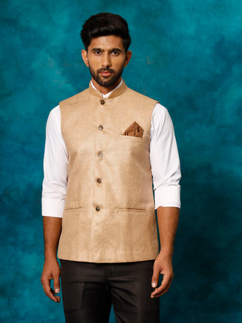 Men's Beige Woven Nehru Jacket